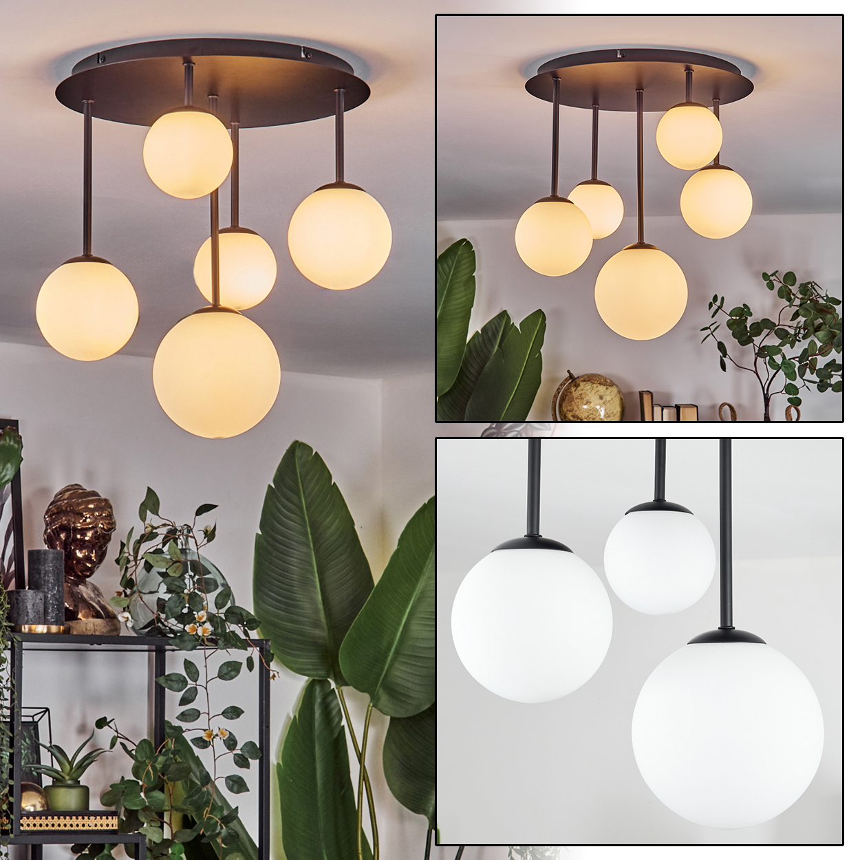 Eine moderne Deckenlampe mit fünf kugelförmigen Lichtern. Die dunkle Halterung kontrastiert mit den weißen Kugeln. Im Hintergrund grüne Pflanzen.