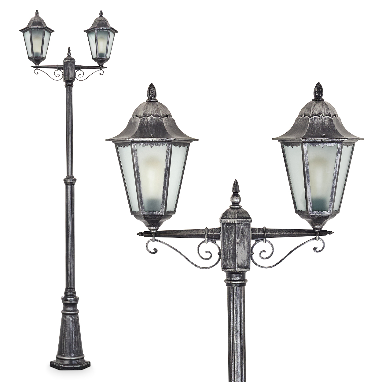 Eine verzierte, silberne Straßenlaterne mit zwei Lampen. Die Lampen haben Milchglas und befinden sich auf weißem Hintergrund.
