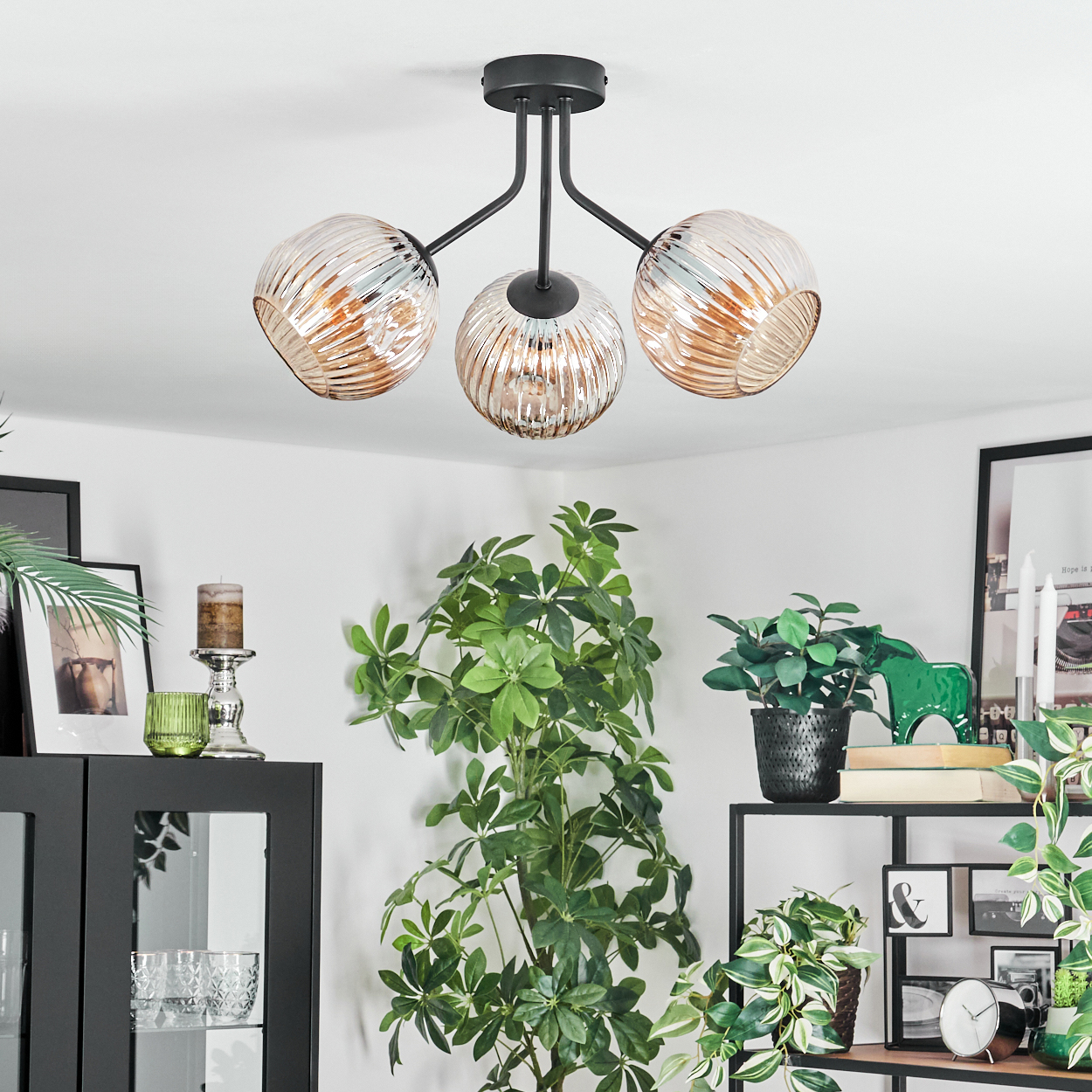 Eine moderne Deckenlampe mit drei Glaskugeln hängt über Pflanzen und Dekoration in einem Raum. Schwarzer Schrank und Regal sichtbar.