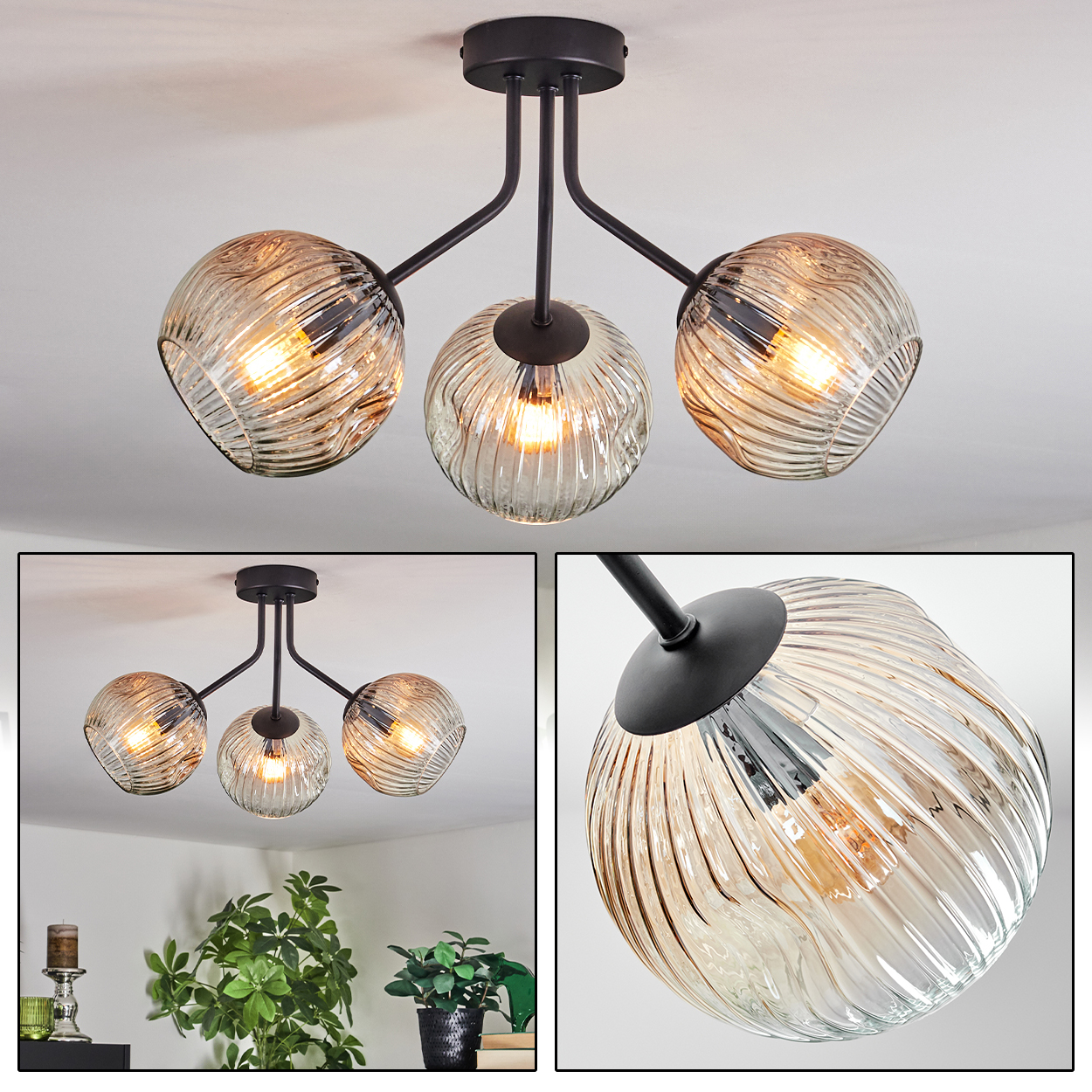 Eine moderne Deckenlampe mit drei Glaskugeln. Die Kugeln sind gestreift und die Lampe ist schwarz. Der Hintergrund ist weiß.