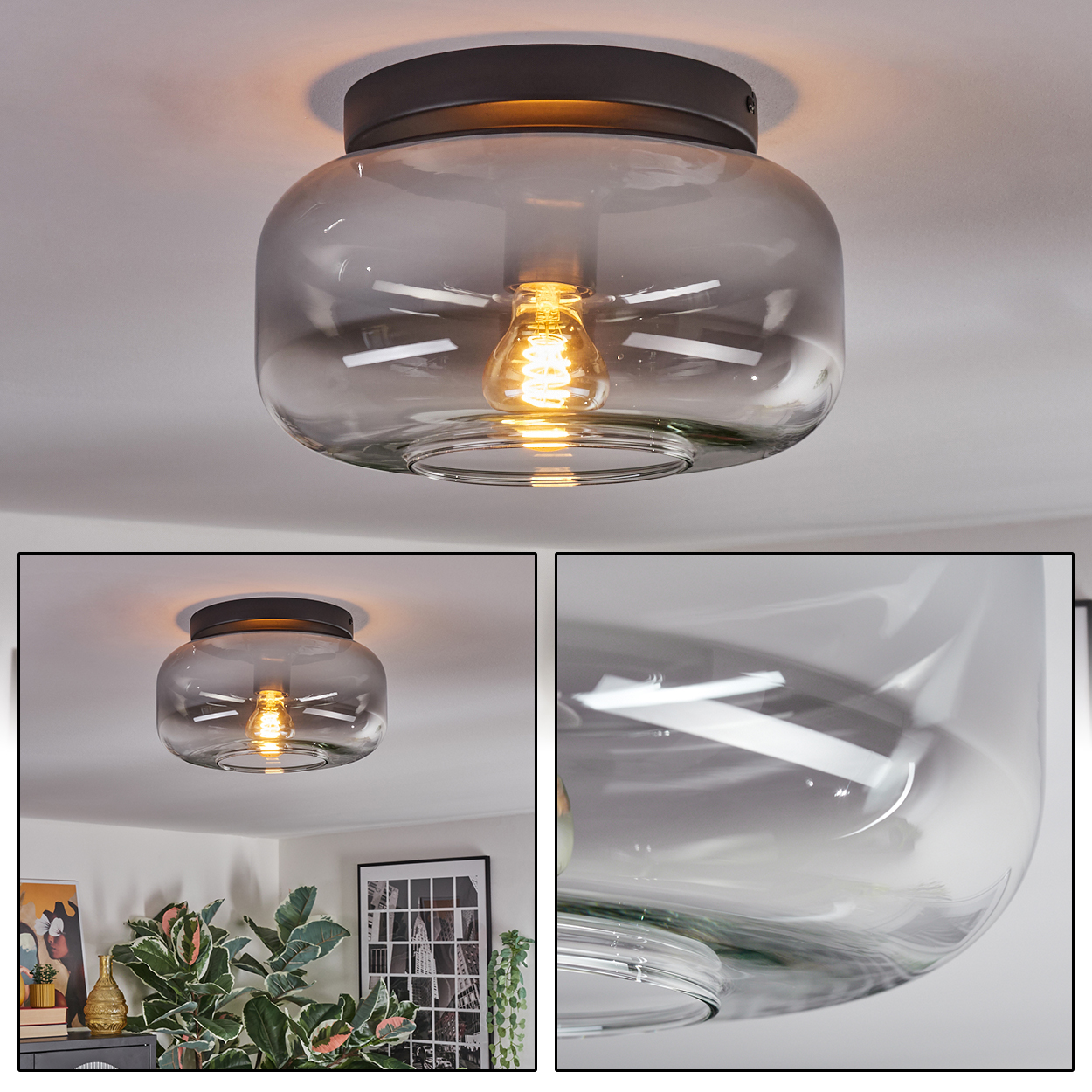 Eine moderne Deckenleuchte mit Glasschirm und warmer Glühbirne, an einer weißen Decke befestigt. Zusätzliche Bilder zeigen Details.