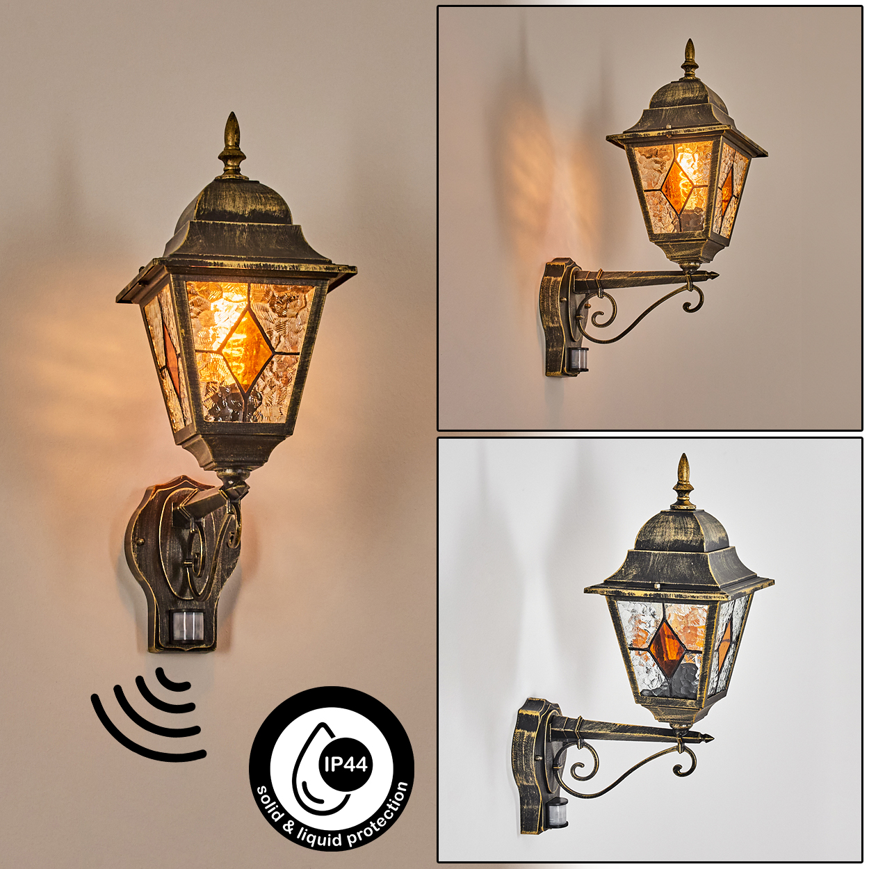 Eine Außenwandleuchte mit Bewegungsmelder. Die Lampe ist bronzefarben und hat einen Buntglasschirm. Merkmale: IP44 Schutz.