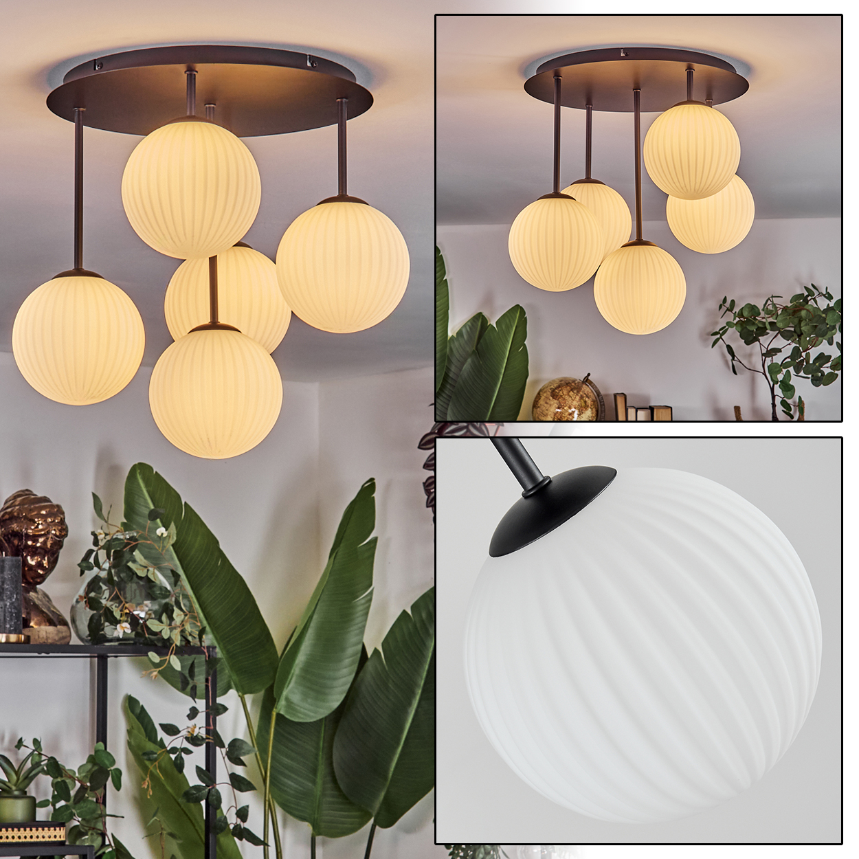 Eine moderne Deckenlampe mit fünf kugelförmigen Lampenschirmen. Die Lampe befindet sich in einem Raum mit Pflanzen und anderen Dekorationen.