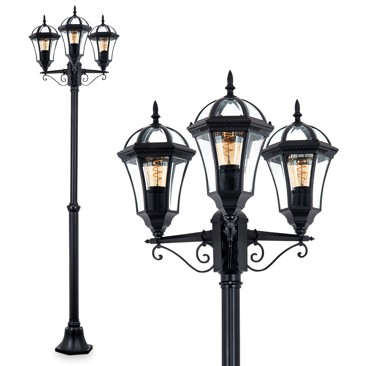 Schwarze Laterne mit drei Glaskuppeln. Jede Lampe hat eine warme Glühbirne. Der Hintergrund ist weiß.
