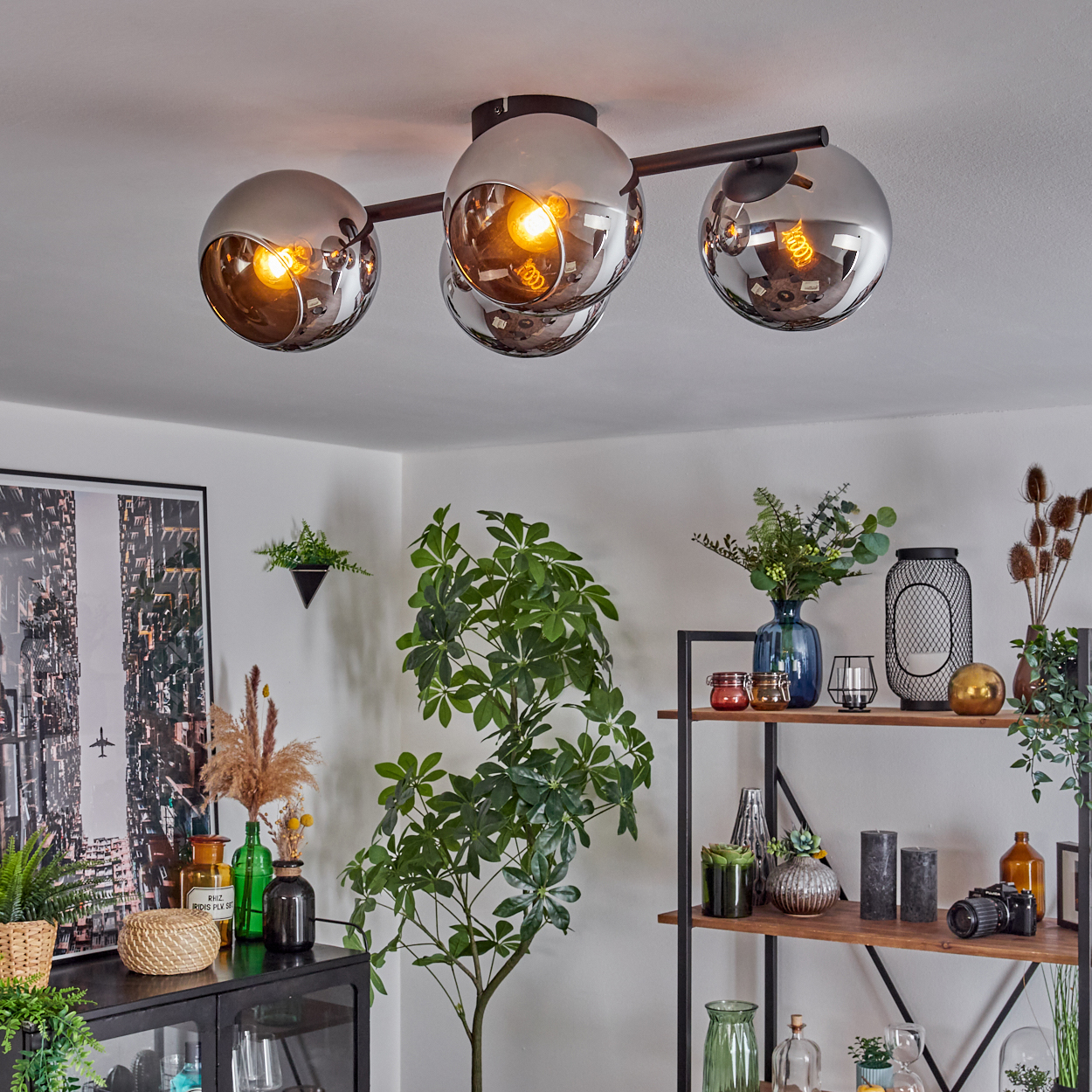 Ein modernes Zimmer mit Deckenleuchte. Regale mit Dekorationen und Pflanzen. Grüne Pflanze und schwarzer Schrank im Vordergrund.