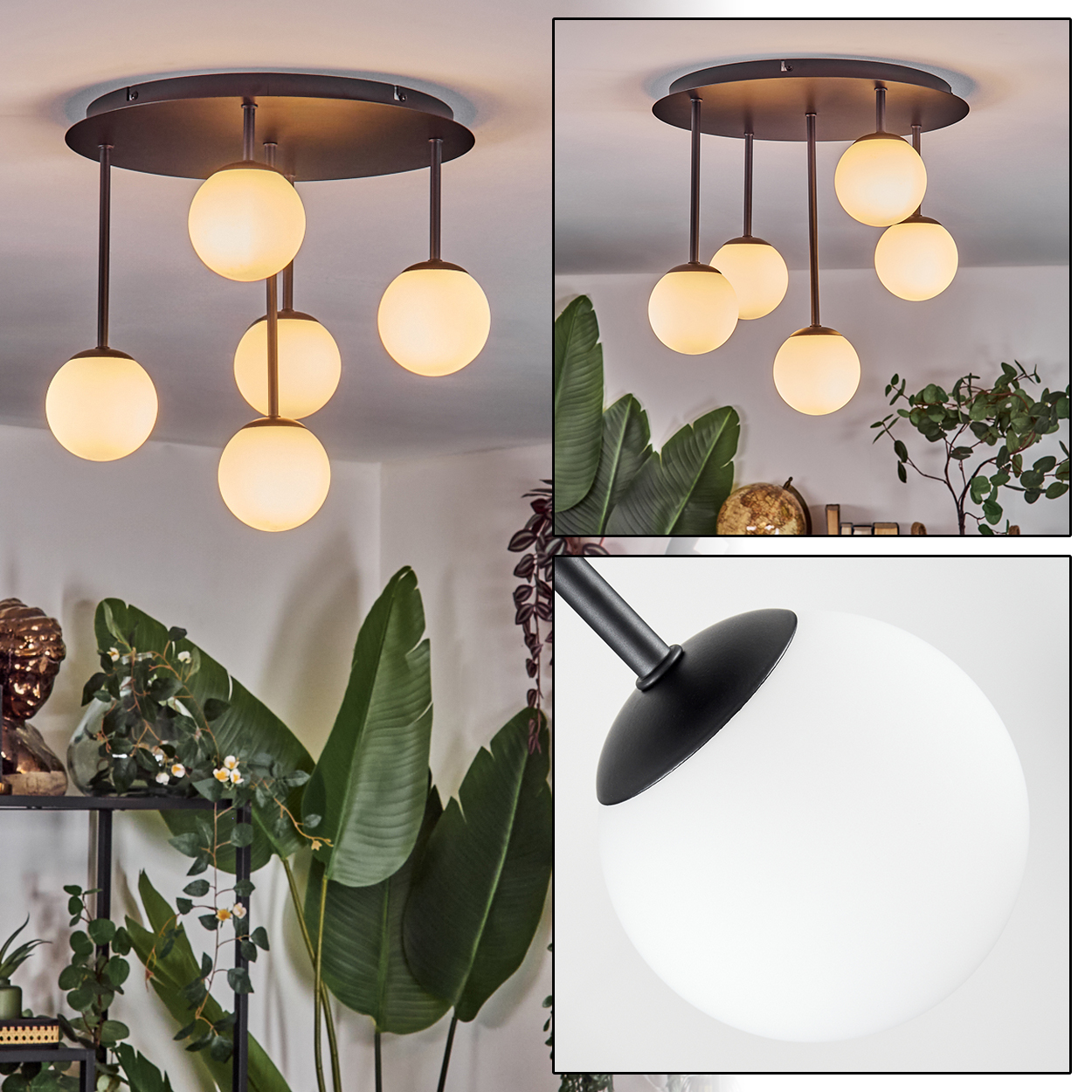 Eine moderne Deckenleuchte mit sechs kugelförmigen Lampen. Die Leuchte ist schwarz und hängt von einer dunklen kreisförmigen Basis ab. Im Hintergrund grüne Pflanzen.