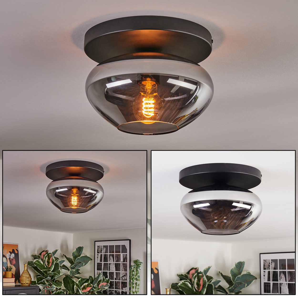 Eine moderne Deckenleuchte mit dunklem Metallsockel und Rauchglasschirm. Die Glühbirne im Inneren leuchtet und wirft einen warmen Schein.