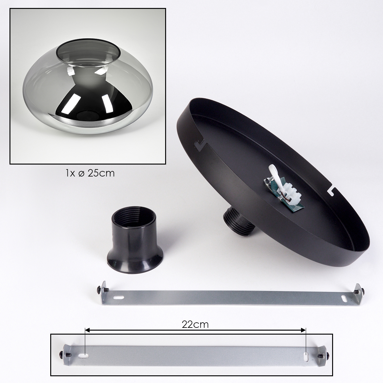 Lampenkomponenten. Beinhaltet Glasschirm, schwarzen Metallsockel, Halterung und schwarzen Halter. Die Halterung ist 22 cm lang.