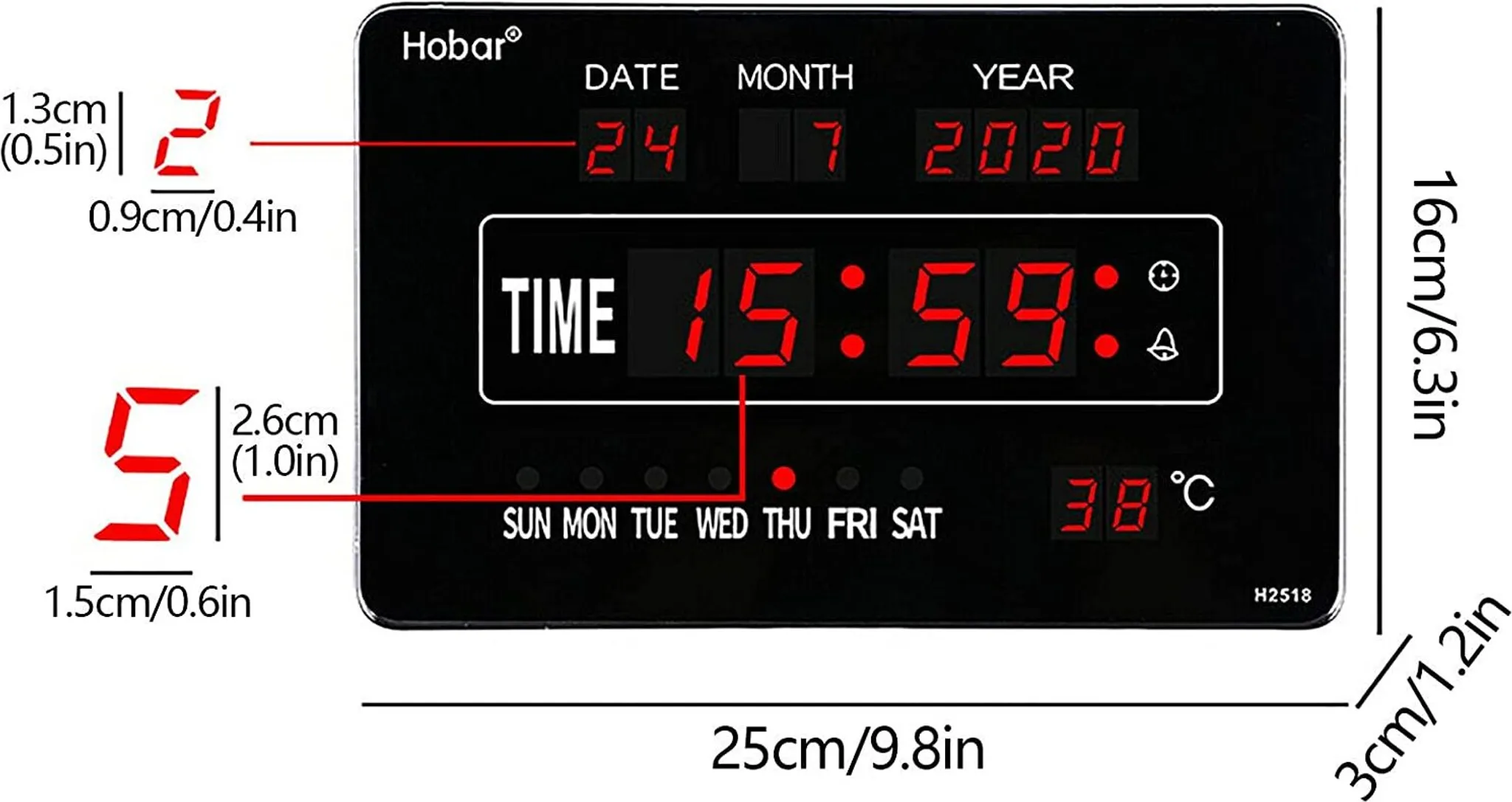 Schwarze Digitaluhr, die Zeit, Datum und Temperatur anzeigt. Die Zeit ist 15:59, das Datum ist 24.7.2020. Die Temperatur beträgt 38°C.