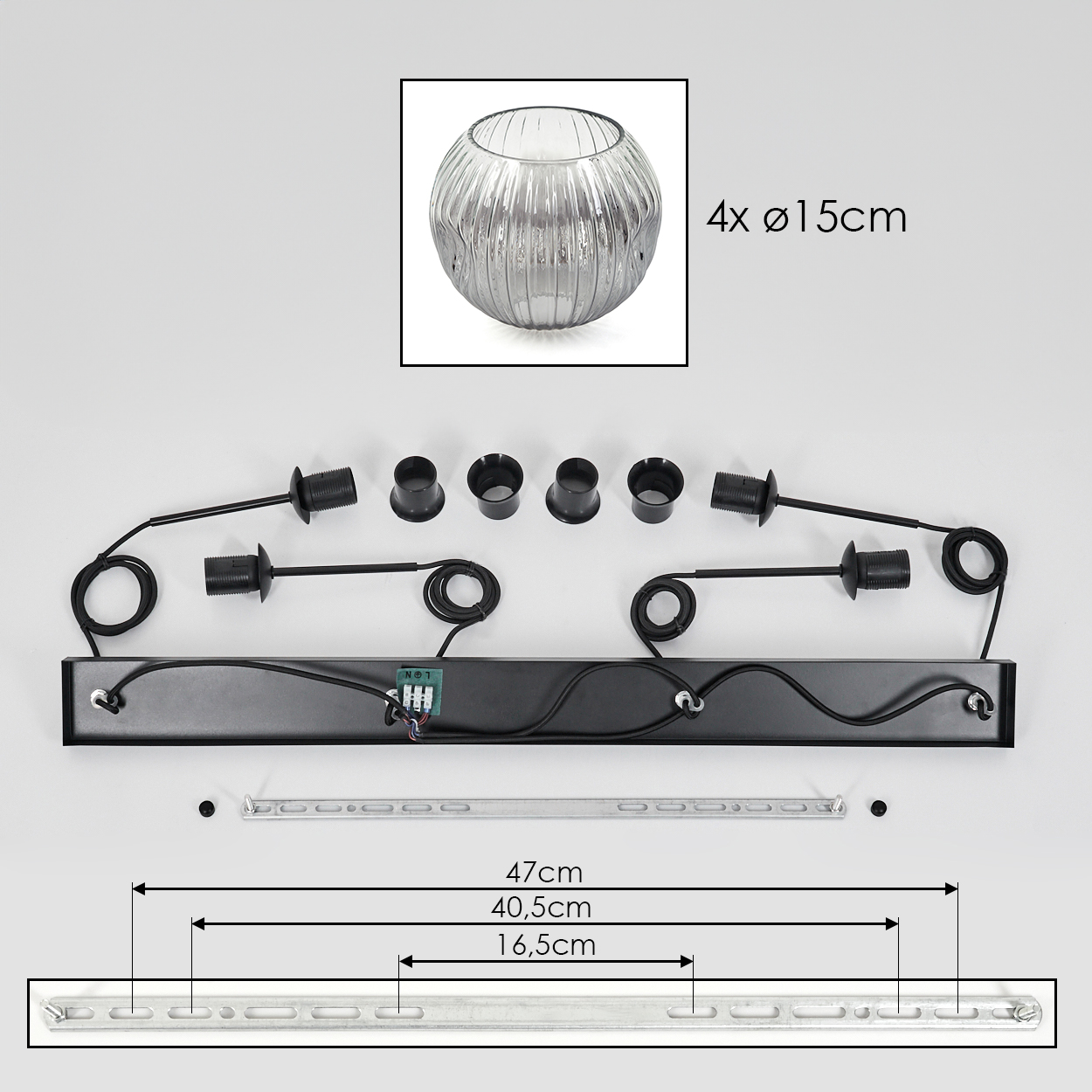 Ein zerlegtes Lampenset wird gezeigt. Es umfasst eine Glaskugel, schwarze Lampenfassungen, eine Montageleiste und Maßangaben: 47 cm, 40,5 cm, 16,5 cm und 15 cm.
