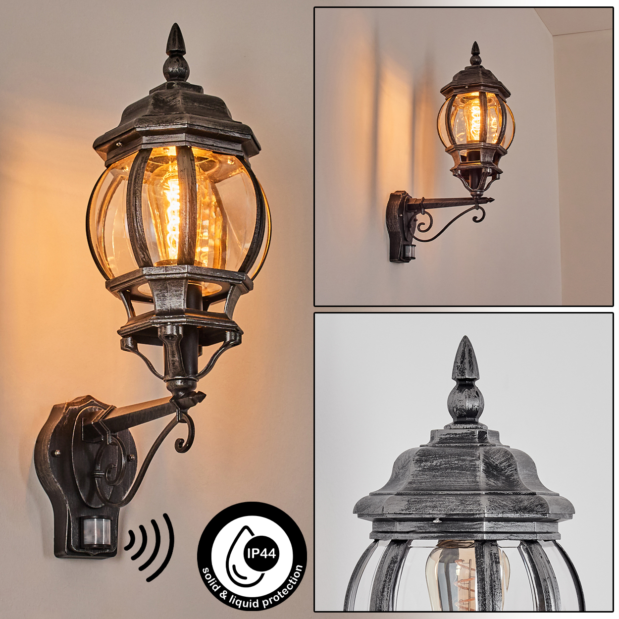 Eine Außenwandleuchte mit Glaskugel und Bewegungsmelder. Die Lampe ist schwarz und hat ein antikes Design. IP44-Bewertung.