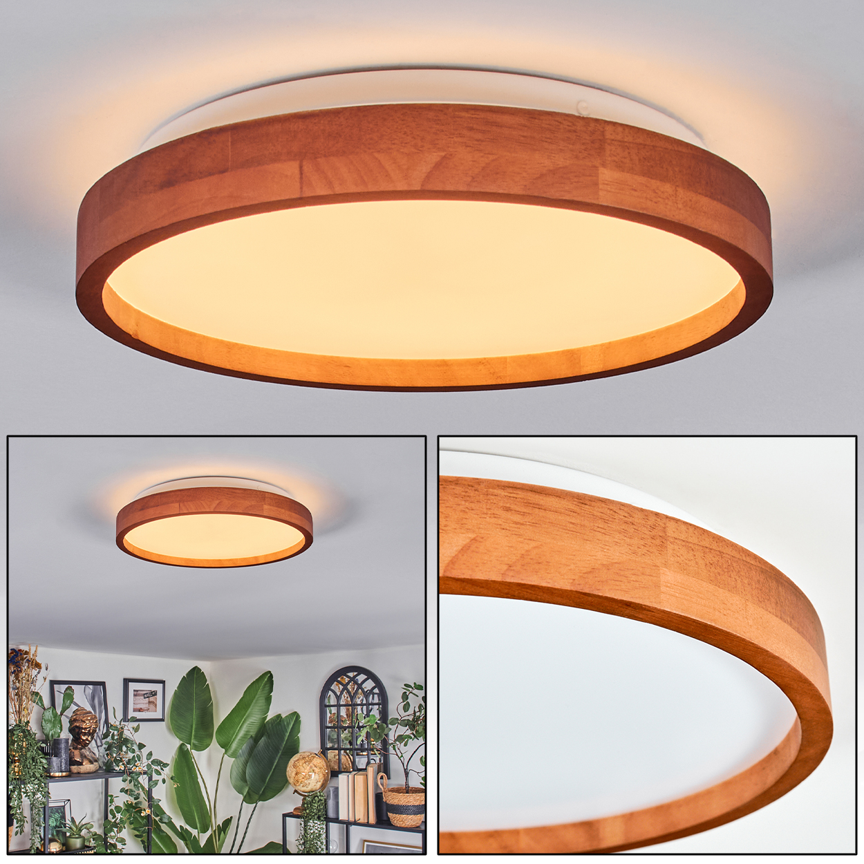 Eine runde Deckenleuchte aus Holz mit warmweißem Licht. Der Raum hat Pflanzen und Dekorationen.