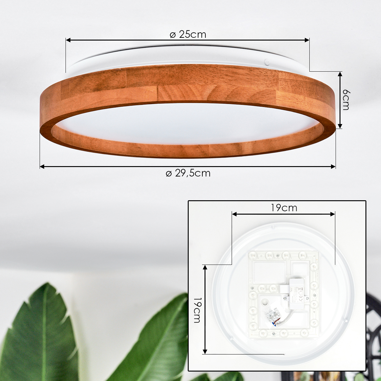 Eine runde Deckenlampe mit Holzrahmen. Abmessungen werden angezeigt. Ein kleinerer Einsatz zeigt die inneren Komponenten der Lampe.
