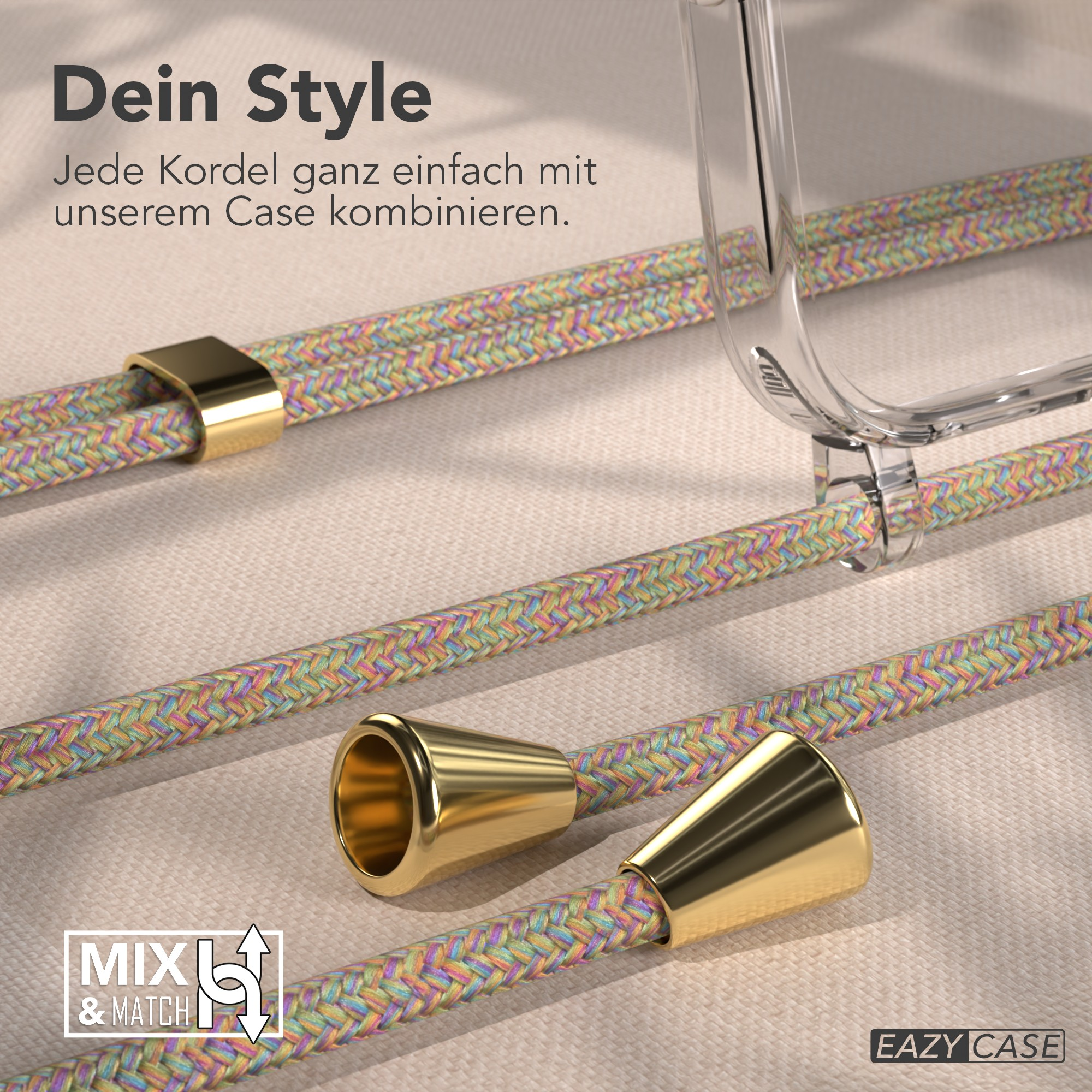 Das Bild zeigt Handykordeln mit goldenen Akzenten, eine Handyhülle und ein Logo. Die Kordeln sind in Pastellfarben.
