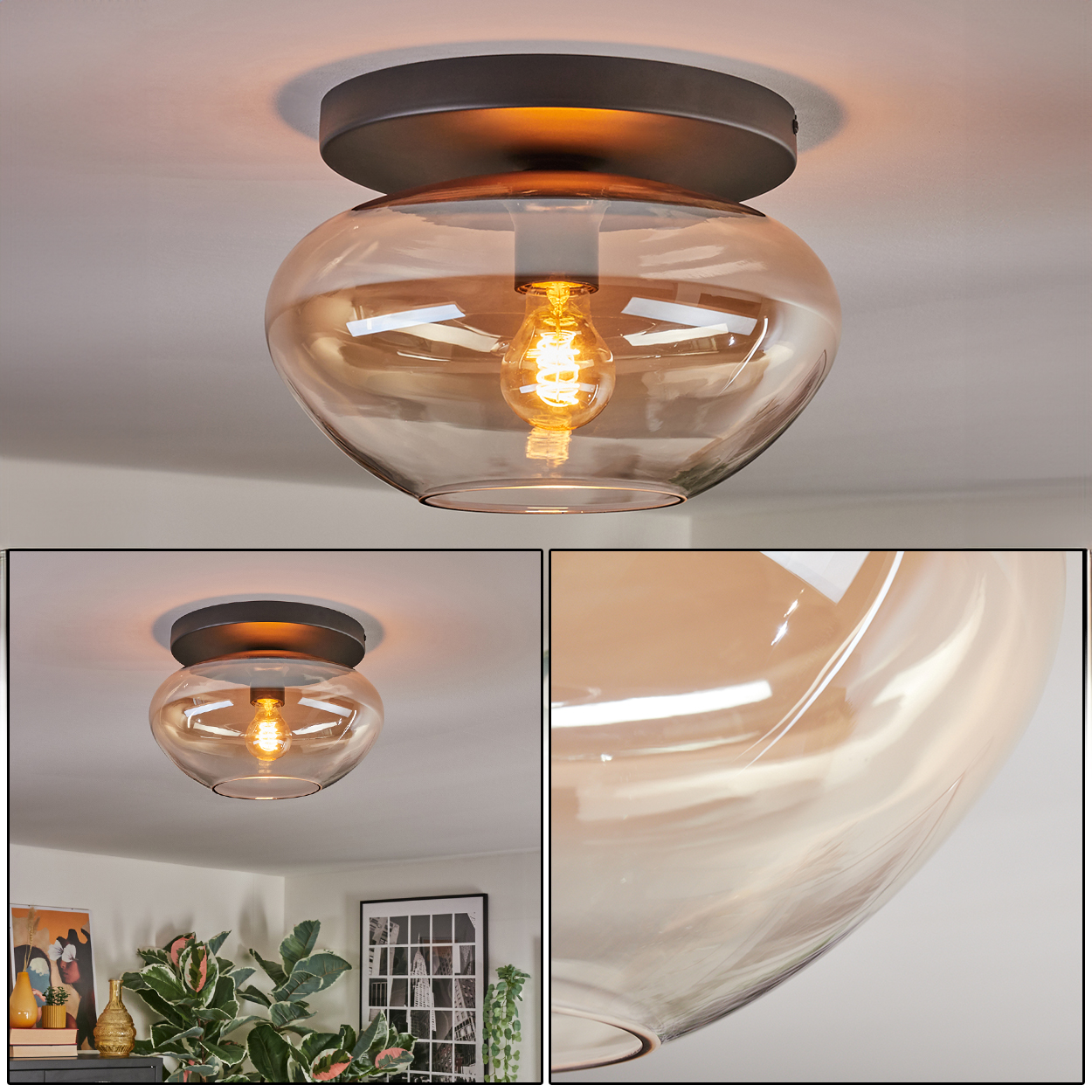 Eine Deckenleuchte mit braunem Metallsockel und einem großen, transparenten, bernsteinfarbenen Glasschirm. Im Schirm ist eine brennende Glühbirne zu sehen.