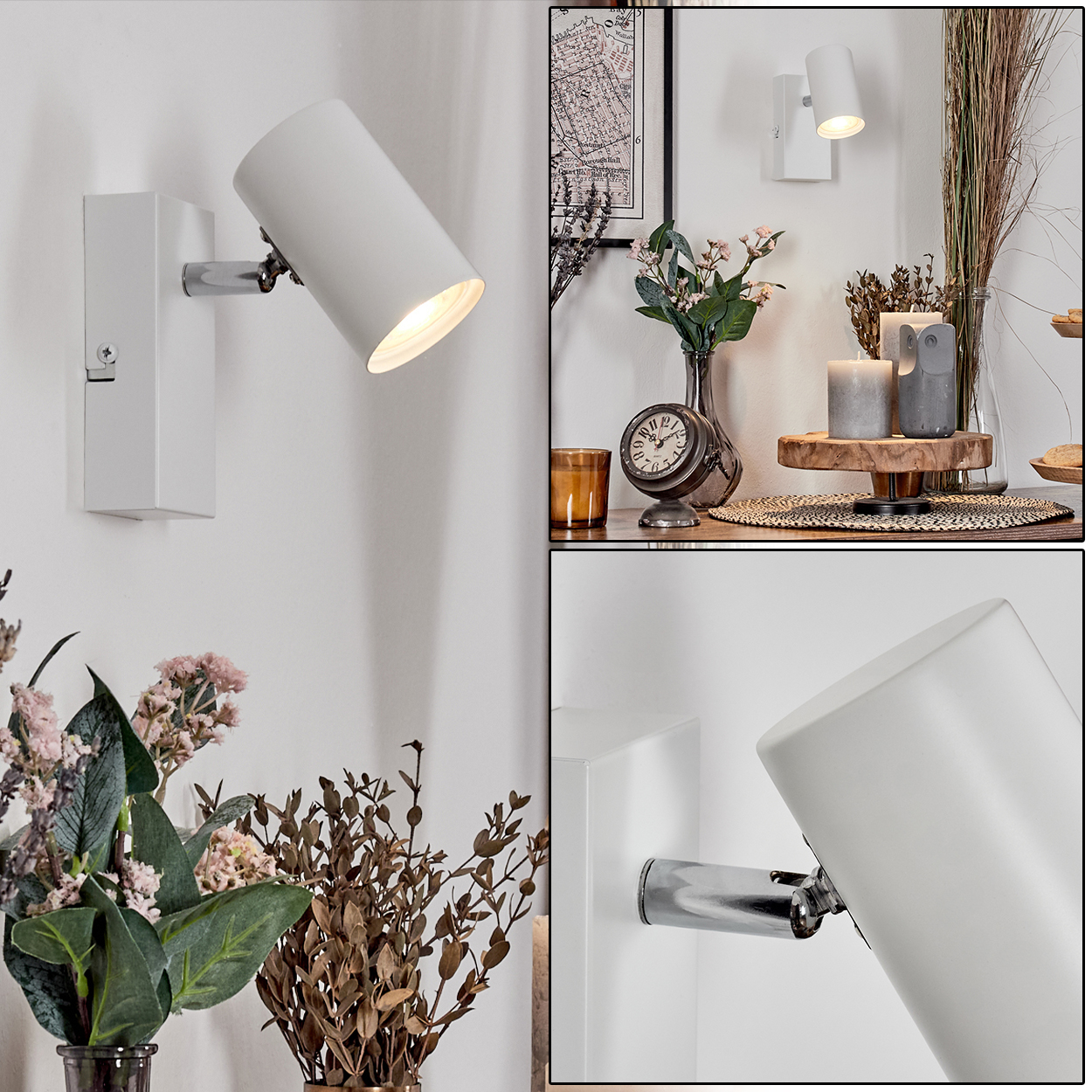 Weiße Wandlampe mit verstellbarem Kopf, an einer weißen Wand montiert. Im Hintergrund sind verschiedene Dekorationsgegenstände zu sehen.