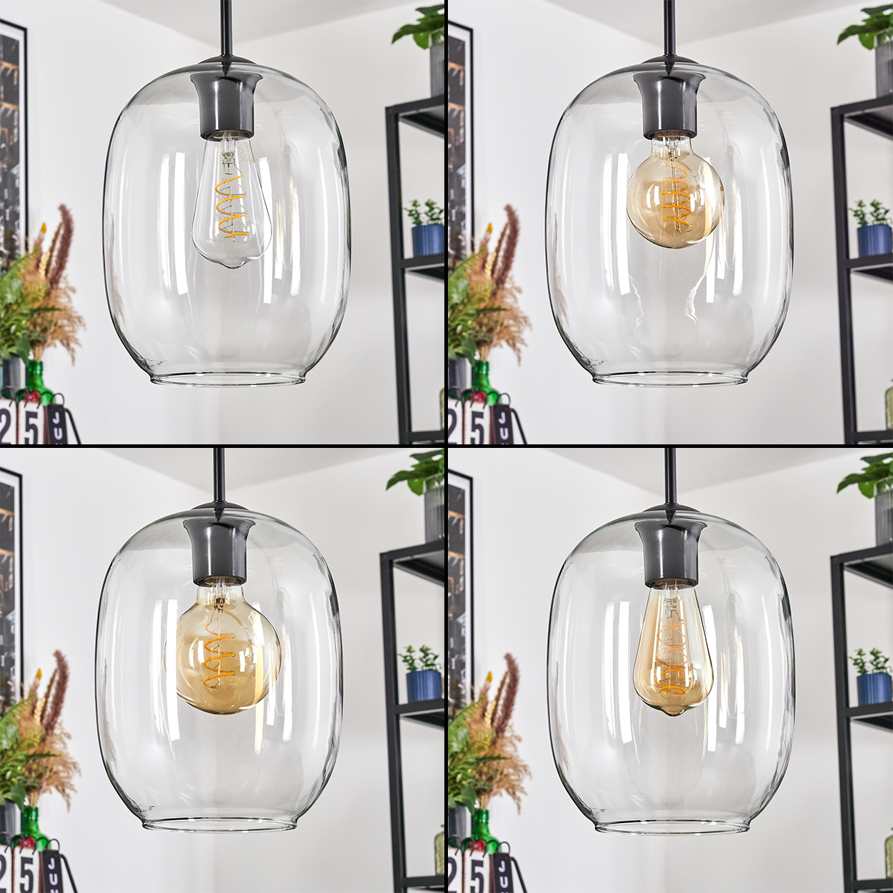 Vier Glas-Pendelleuchten mit sichtbaren Glühbirnen. Hintergrund: Regale mit Pflanzen und anderer Dekoration.