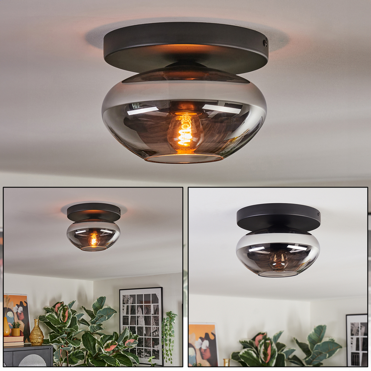 Deckenleuchte mit schwarzem Sockel, grauem Glasschirm und einer warm glühenden Glühbirne. Zusätzliche Bilder zeigen die Lampe in einer Raumumgebung.