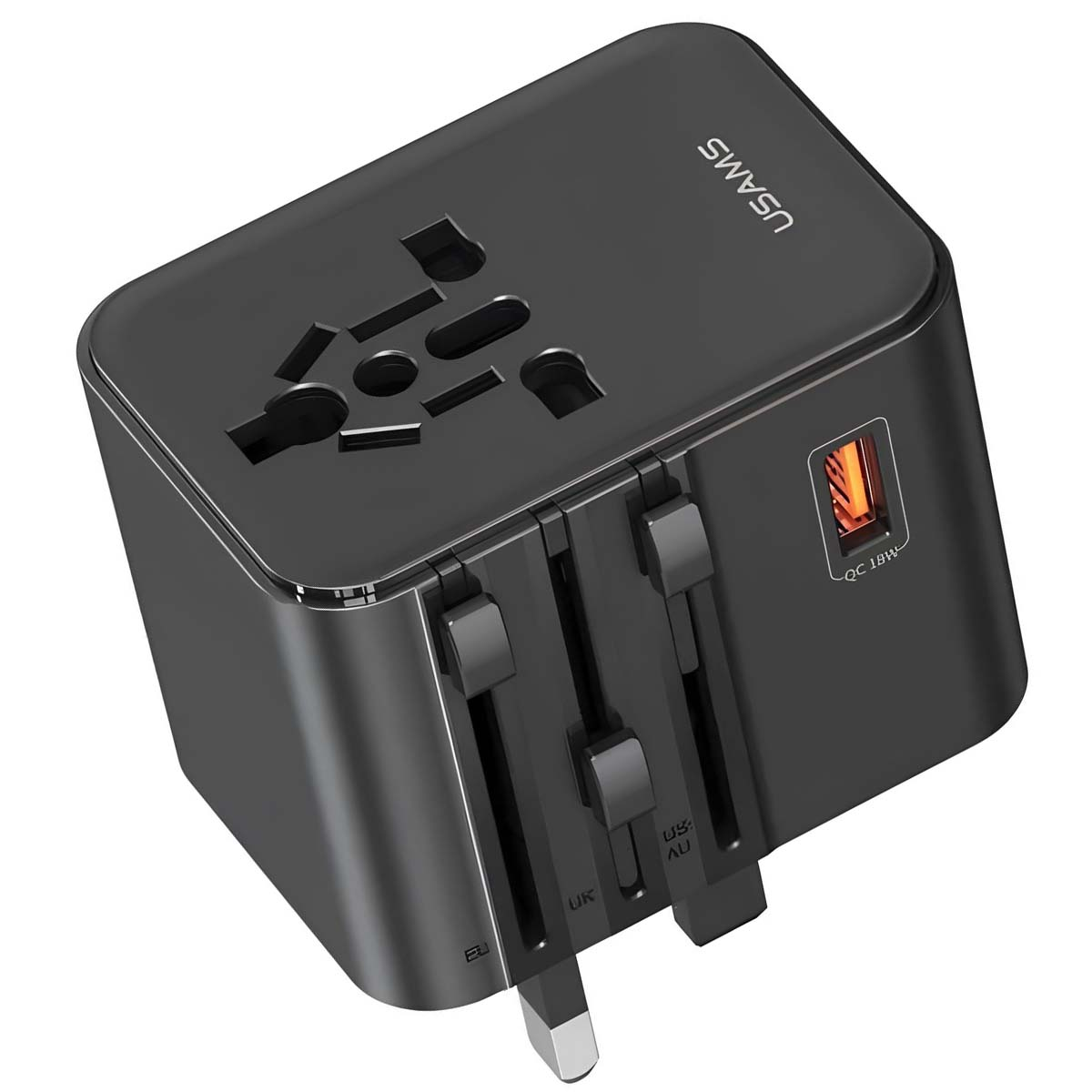 Adaptateur de voyage universel USAMS noir avec plusieurs types de prises et un port USB. Il porte l'étiquette QC 18W.