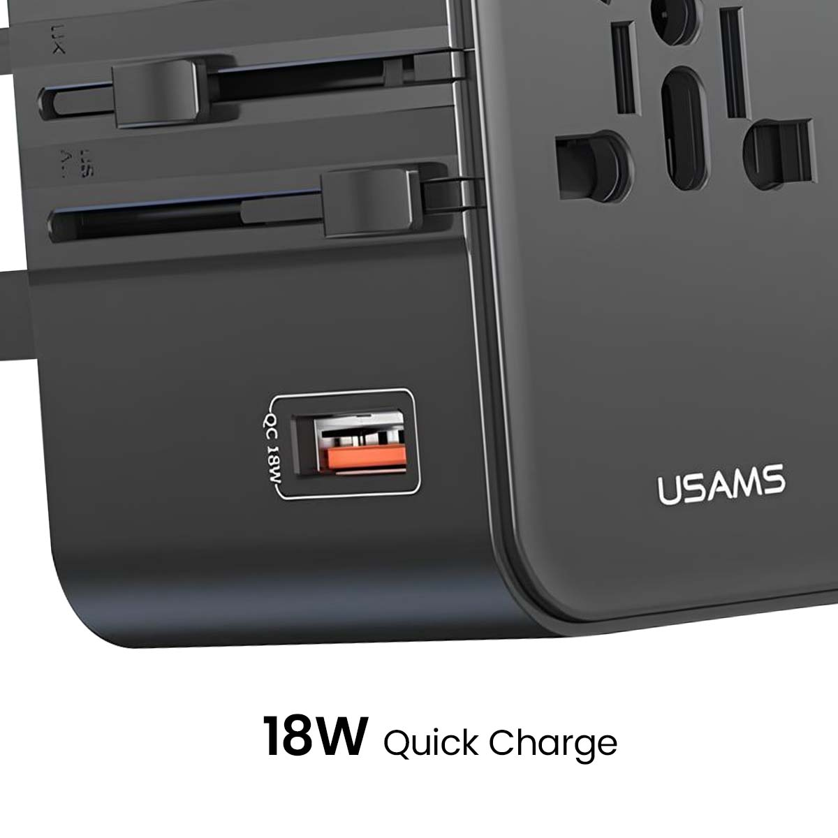 Un adaptateur de voyage USAMS noir avec plusieurs types de prises et un port USB étiqueté QC 18W. Il y a le texte 18W Quick Charge en dessous.