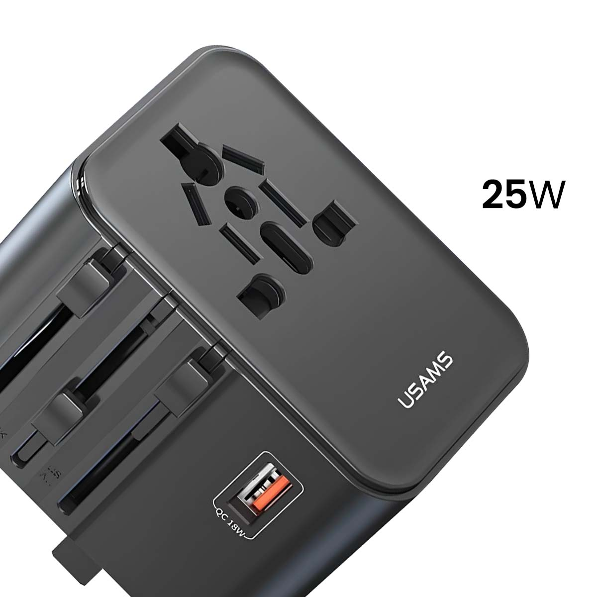 Un adaptateur universel USAMS gris foncé avec plusieurs prises et un port USB, étiqueté QC 18W et 25W.