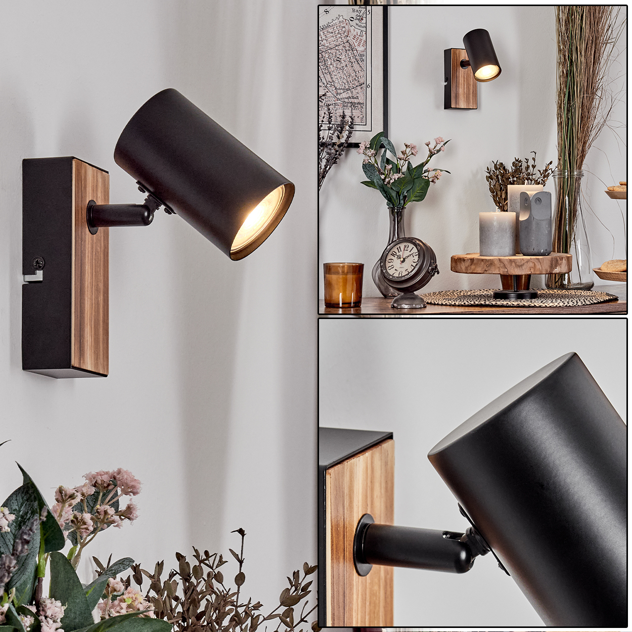 Eine moderne Wandlampe mit schwarzem Lampenschirm und Holzsockel ist an einer weißen Wand montiert. Der Hintergrund hat Dekor.
