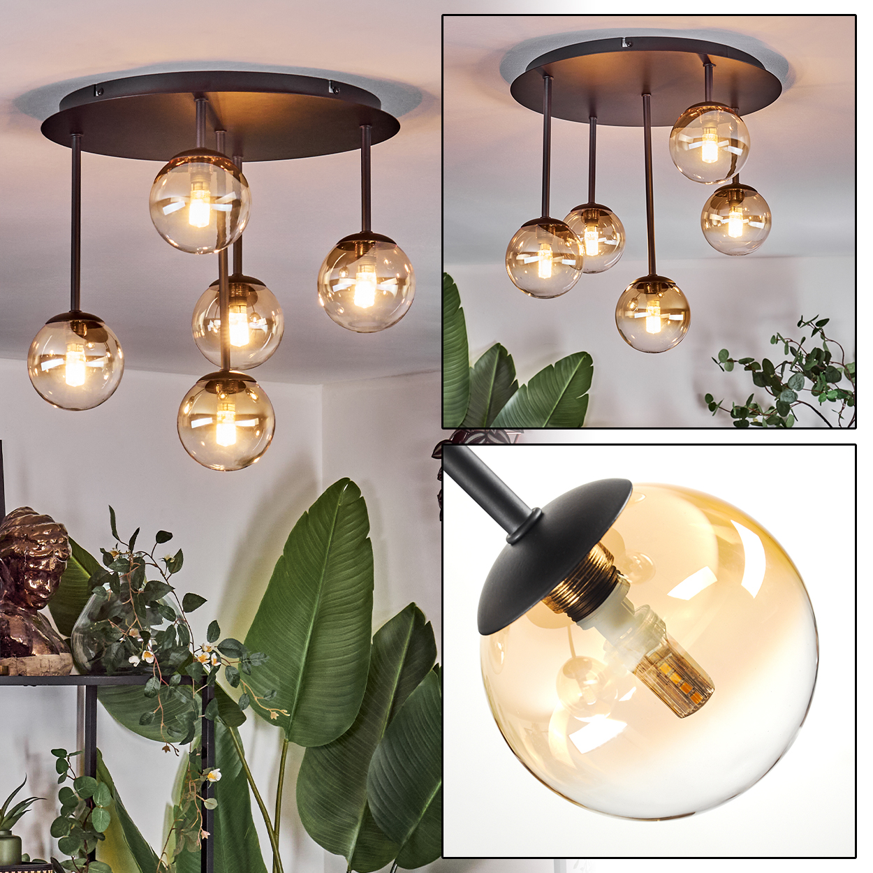 Eine moderne Deckenlampe mit sechs kugelförmigen, bernsteinfarbenen Glasschirmen. Schwarze Stäbe verbinden sich mit einem kreisförmigen Sockel. Pflanzen umgeben sie.