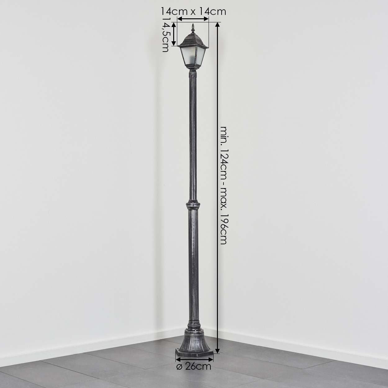 Eine dekorative, dunkelgraue Straßenlaterne wird gezeigt. Die Abmessungen sind angegeben: 14x14cm, 14,5cm Höhe, min. 124cm - max. 196cm und 26cm Basis.