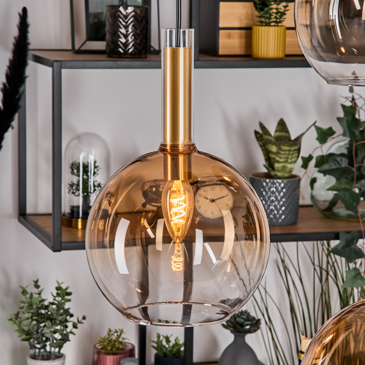 Eine dekorative Pendelleuchte mit goldenem Oberteil und bernsteinfarbener Glühbirne. Pflanzen und Regale sind im Hintergrund zu sehen.