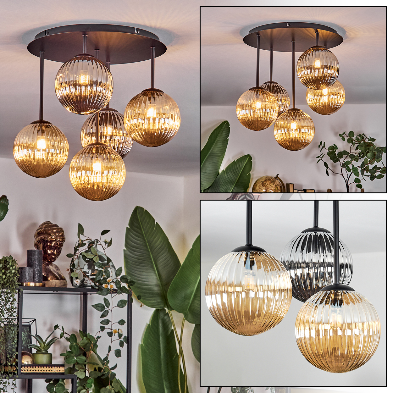Moderne Deckenleuchte mit mehreren kugelförmigen Lichtern. Die Leuchten sind bernsteinfarben und hängen an einer schwarzen Deckenhalterung. Pflanzen im Hintergrund.