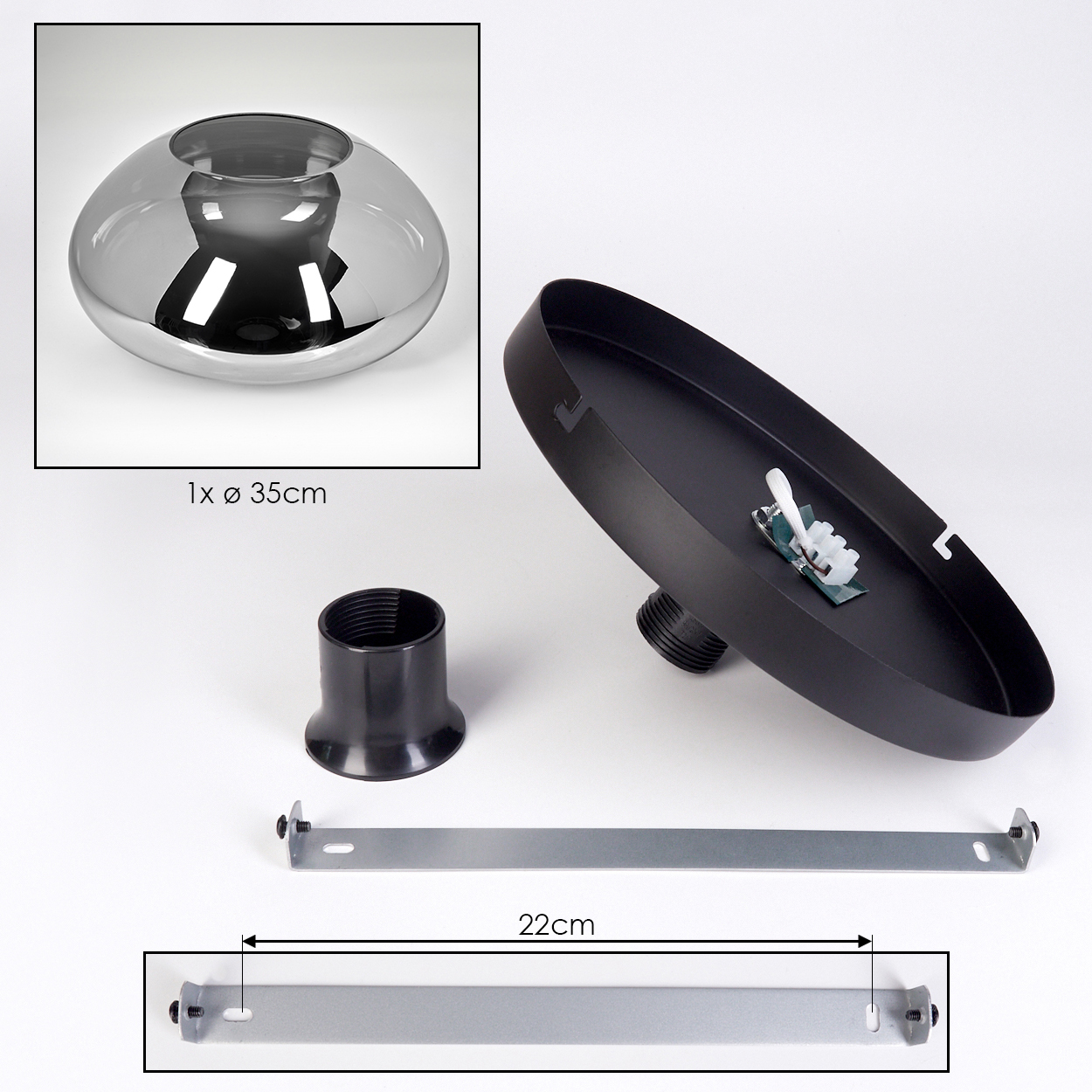 Lampenkomponenten. Enthält Glasschirm, schwarze Lampenfassung, Metallhalterung und schwarzen Sockel. Alles auf weißem Hintergrund.