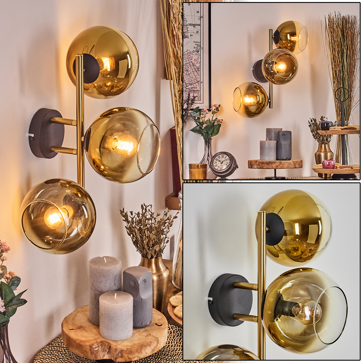 Goldene Kugel-Wandlampen mit leuchtenden Glühbirnen. Kerzen, Uhr und Vasen mit getrockneten Pflanzen sind sichtbar.