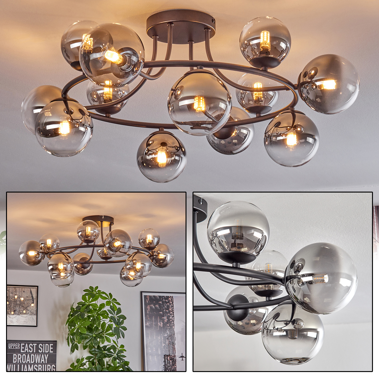 Eine moderne Deckenleuchte mit mehreren Glaskugeln und sichtbaren Glühbirnen. Die Leuchten sind an einem dunklen Metallrahmen befestigt.