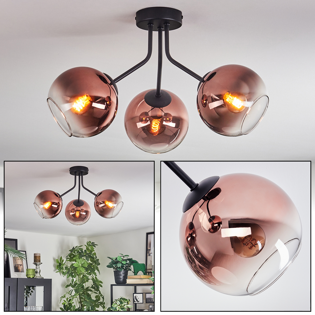 Eine moderne Deckenlampe mit drei kugelförmigen Schirmen. Jeder Schirm ist kupferfarben und beherbergt eine sichtbare Glühbirne.