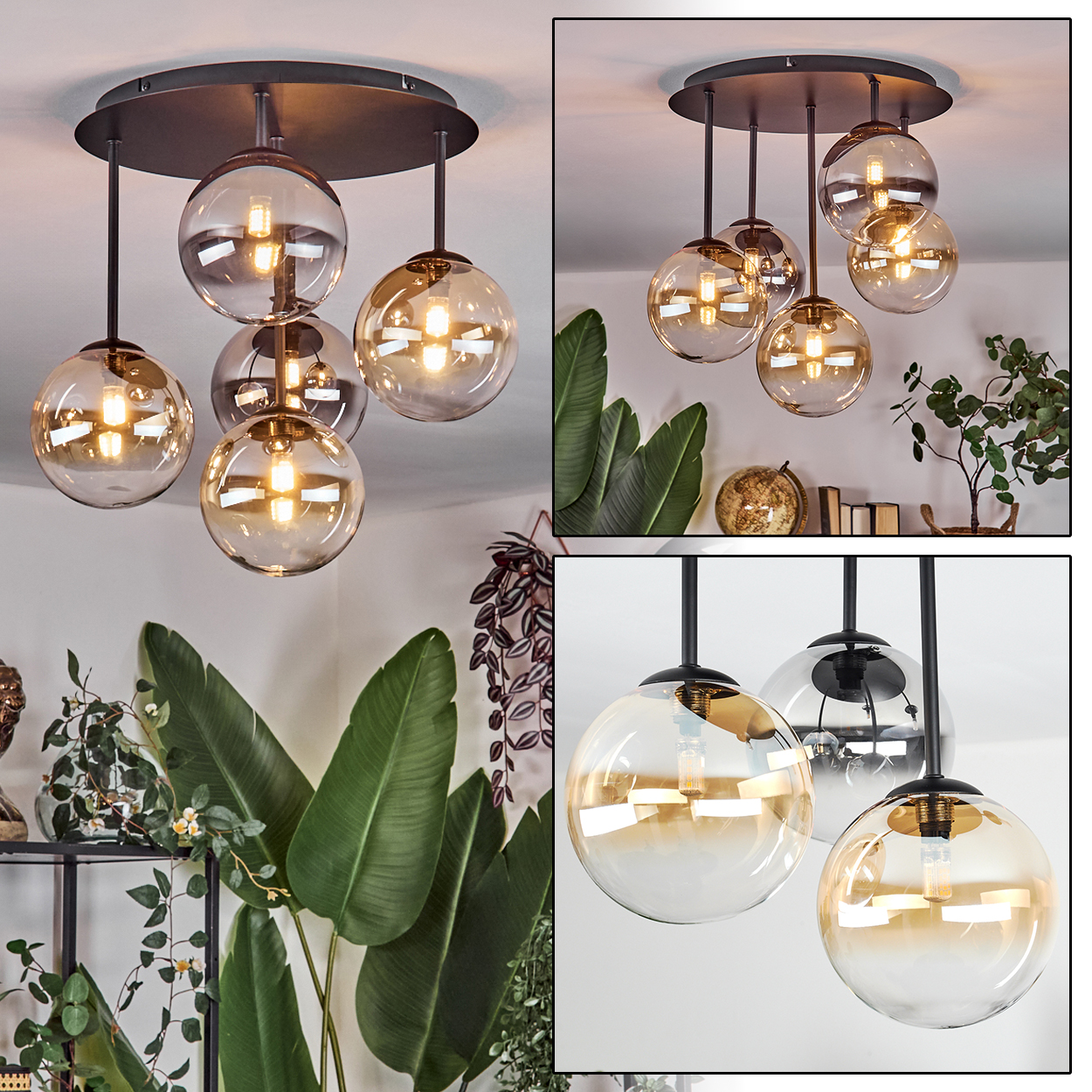 Eine moderne Deckenleuchte mit fünf kugelförmigen Glasschirmen, die von einer dunklen runden Basis abgehängt sind. Das Licht ist an, mit Pflanzen im Hintergrund.