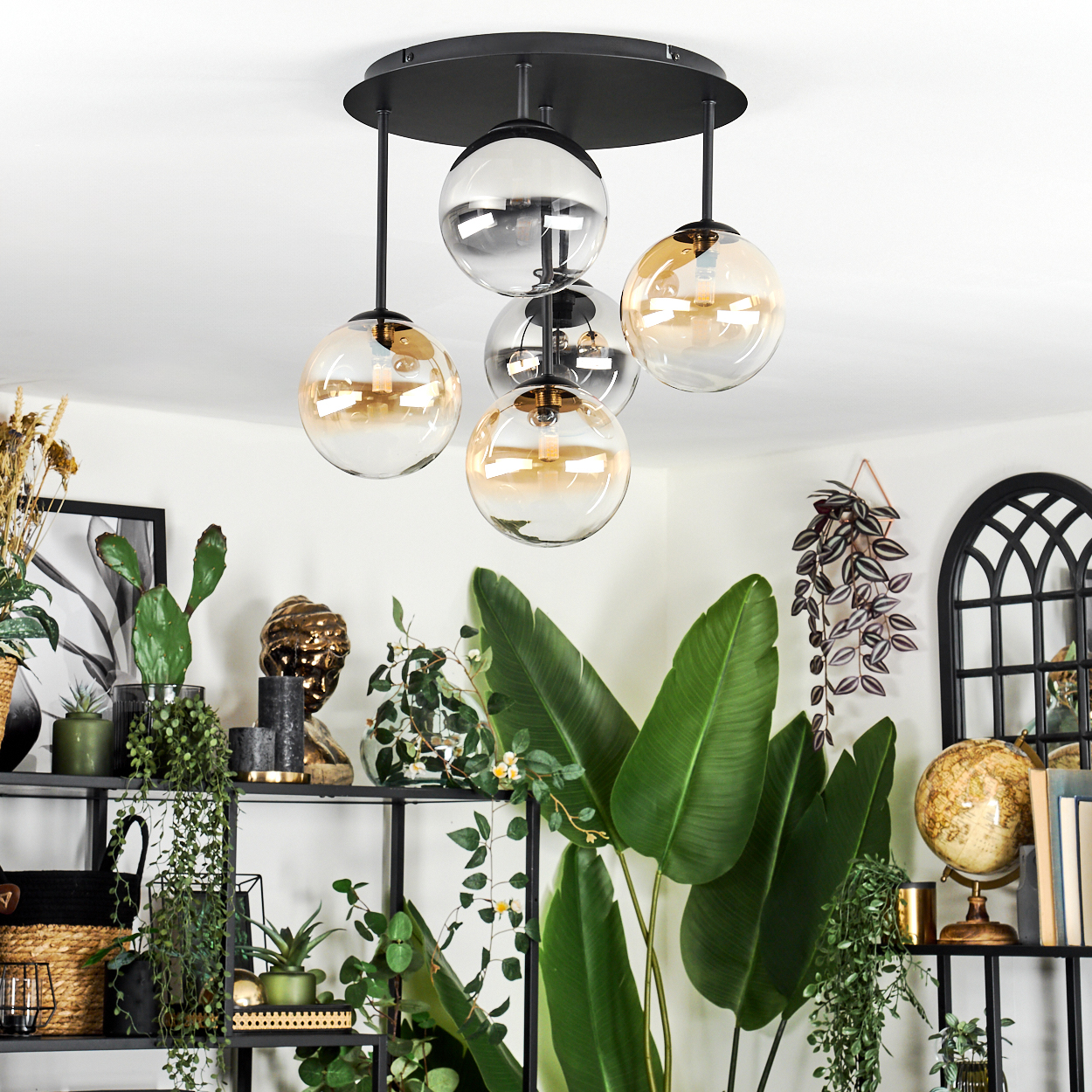 Eine moderne Deckenleuchte mit Glaskugeln hängt über einem Regal mit Pflanzen, Skulpturen und einem Globus. Grünes Laub und weiße Wand.