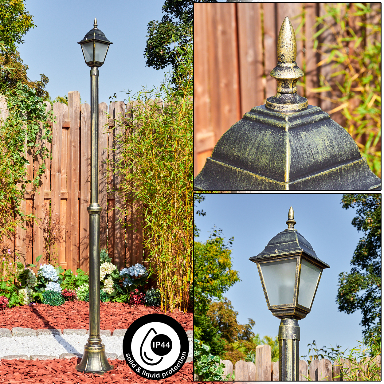 Eine bronzefarbene Außenlampe in einem Garten. Merkmale sind ein detaillierter Aufsatz, Milchglas und IP44-Schutz gegen feste und flüssige Stoffe.