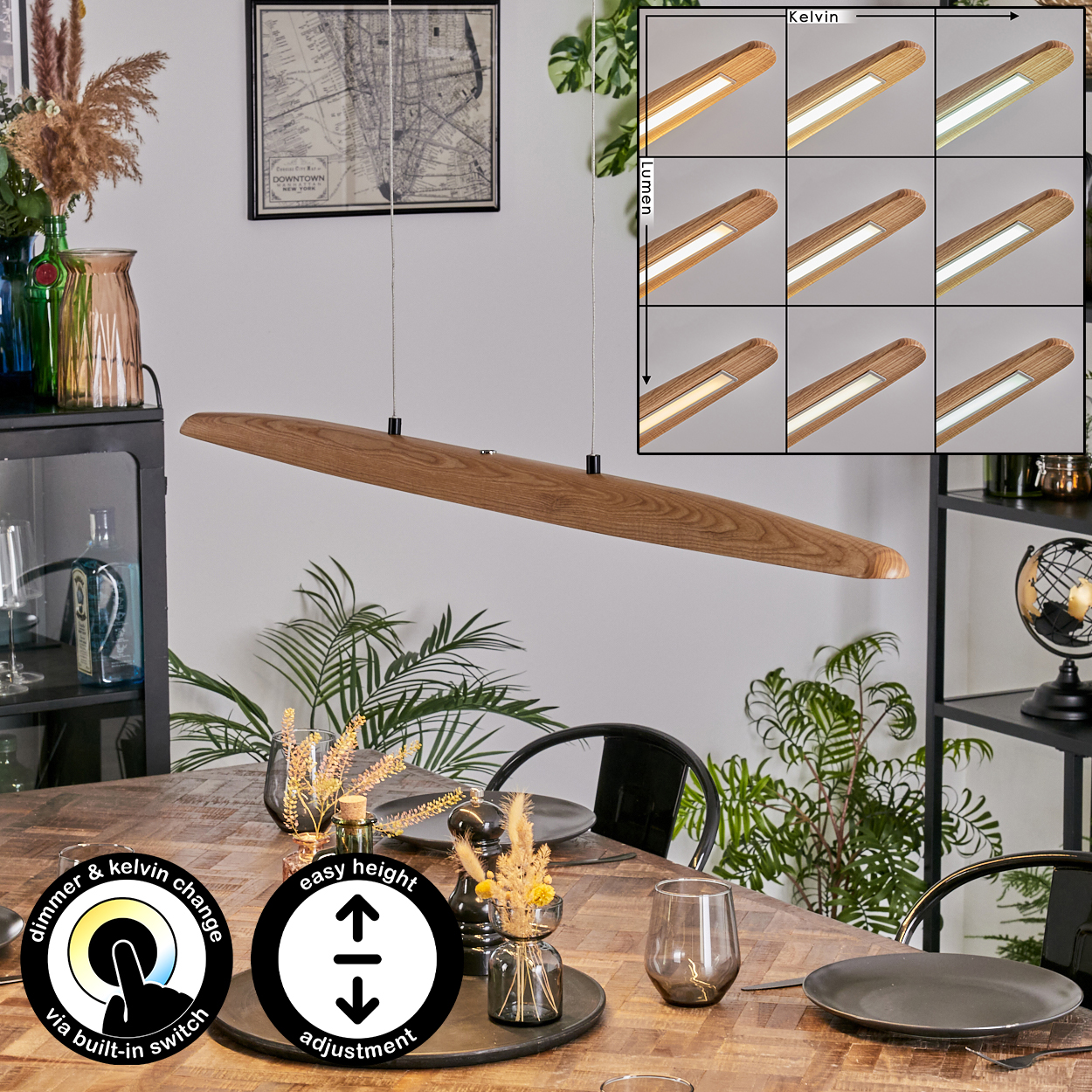 Eine Holzlampe hängt über einem Tisch mit Gläsern und Tellern. Eine Tabelle zeigt verschiedene Lichteinstellungen. Die Szene umfasst Pflanzen.