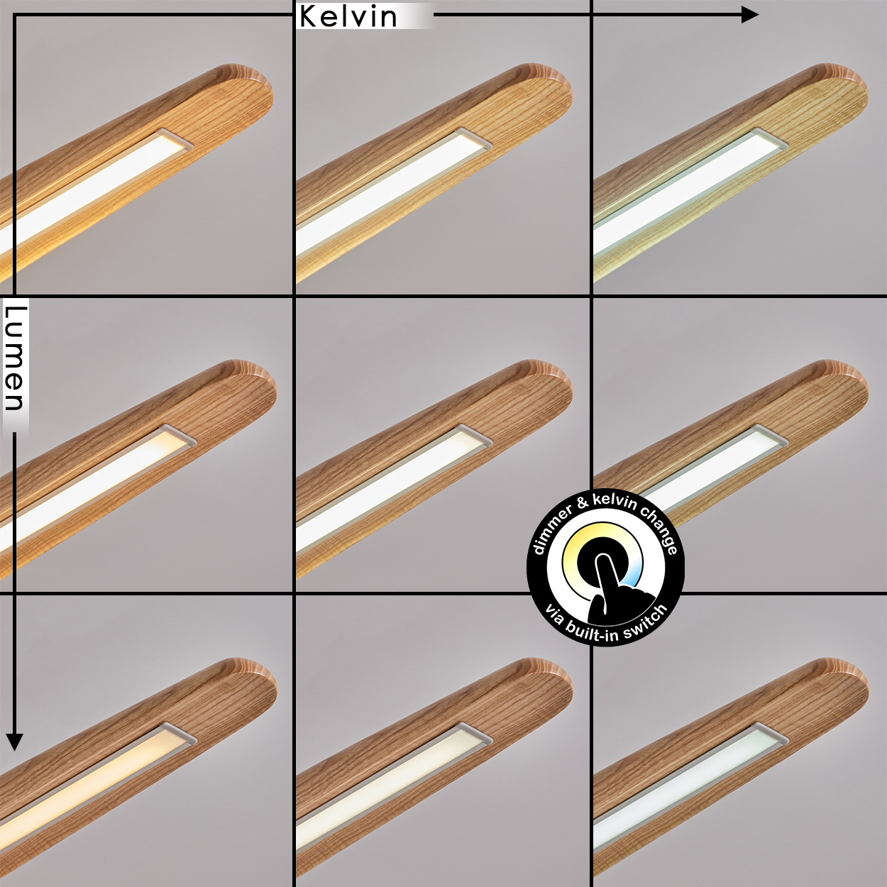 Neun Leuchten mit Holzgehäuse, unterschiedlicher Helligkeit und Farbtemperatur. Ein Schaltersymbol zeigt Dimmer und Kelvin-Änderung an.