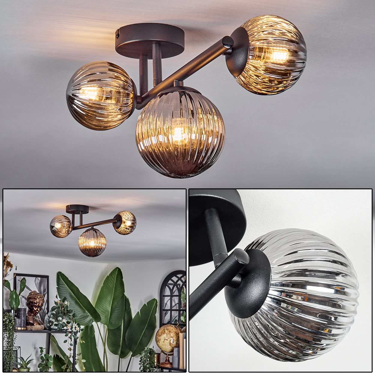 Eine moderne Deckenlampe mit drei kugelförmigen Schirmen. Die Lampe hat einen dunklen Metallrahmen und hängt von der Decke.