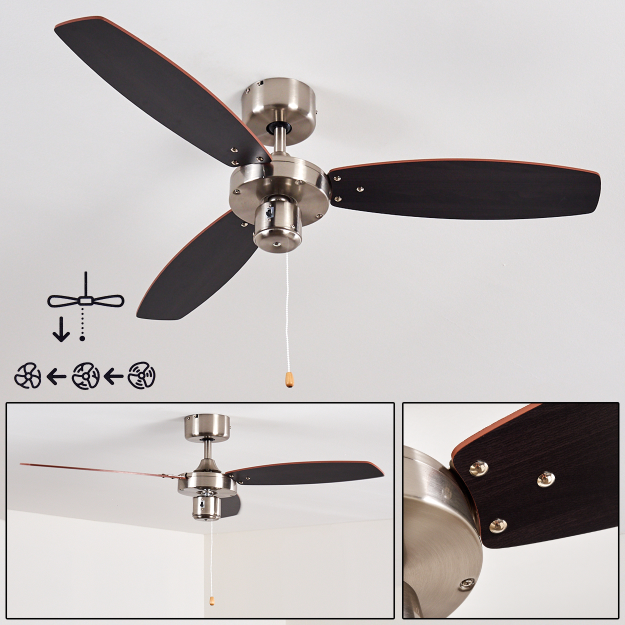 Ein Deckenventilator mit drei dunkelbraunen Flügeln und einem silbernen Motor ist an einer weißen Decke montiert. Ein weißes Zugband hängt herunter.