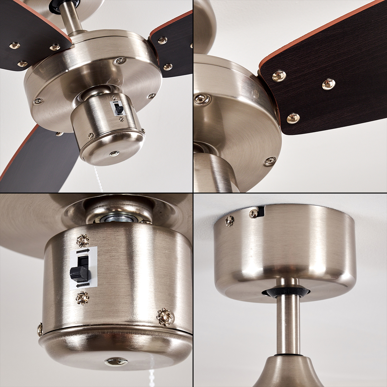 Nahaufnahmen eines Deckenventilators. Er hat braune Flügel, eine gebürstete Metalloberfläche und einen Schalter. Der Ventilator ist an einer weißen Decke montiert.