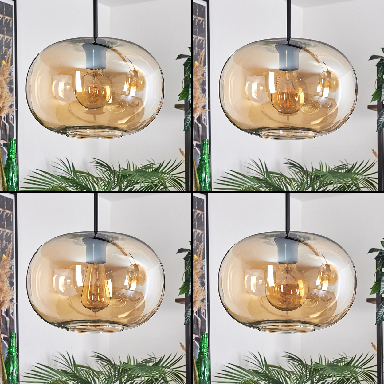 Vier Pendelleuchten aus bernsteinfarbenem Glas mit sichtbaren Glühbirnen. Pflanzen und Dekoration im Hintergrund.