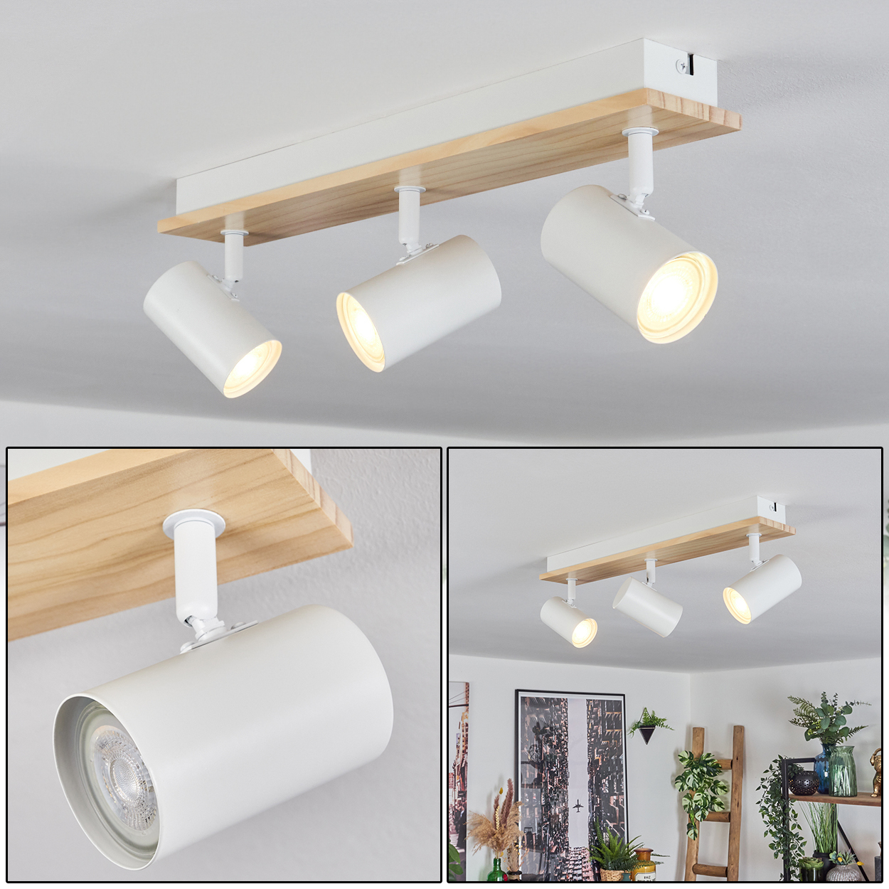 Deckenstrahler mit drei weißen, verstellbaren Lichtern auf Holzbasis. Die Lichter sind an und beleuchten den Raum.