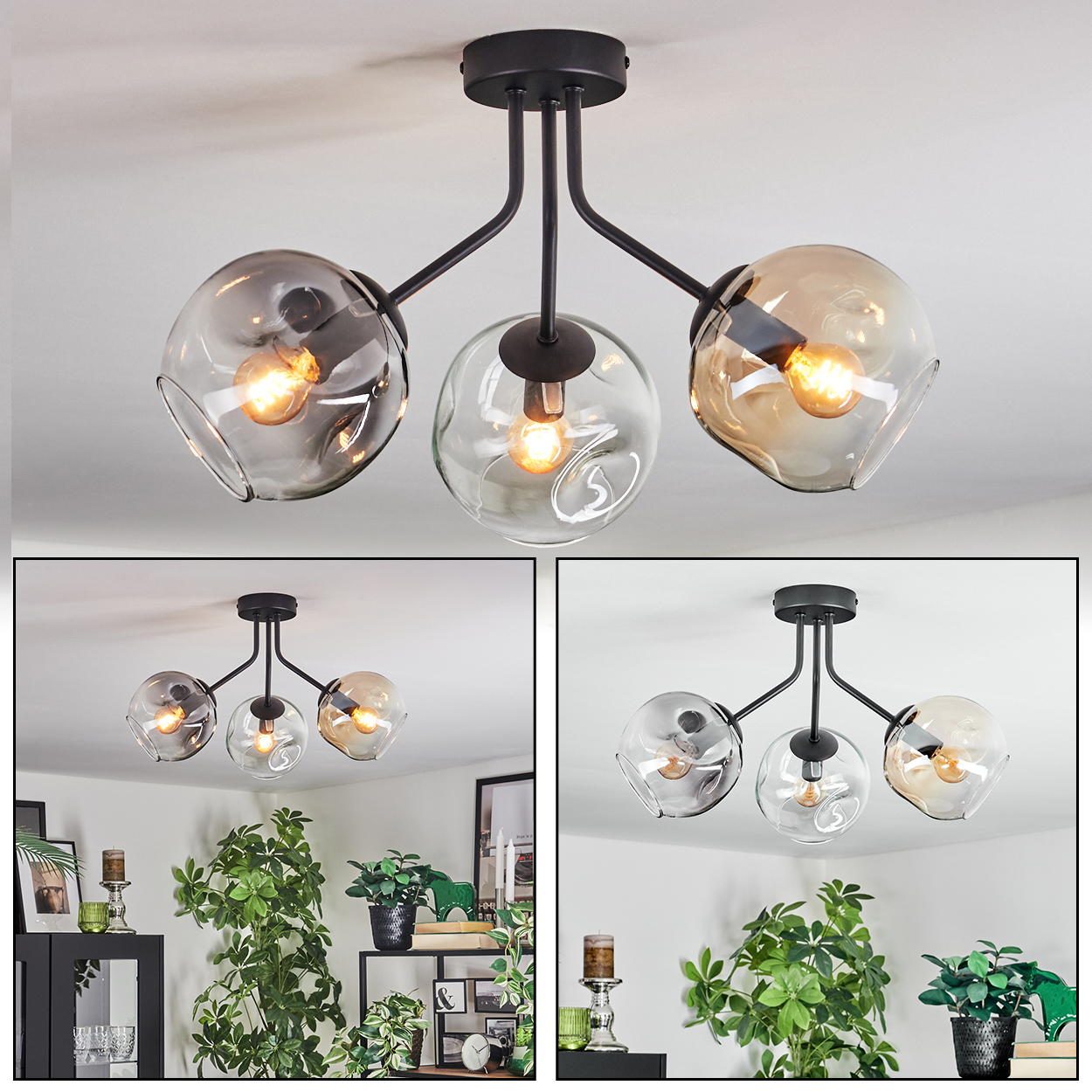 Eine moderne Deckenlampe mit drei Glaskugeln, die jeweils eine Glühbirne enthalten. Die Lampe ist schwarz, vor weißem Hintergrund.