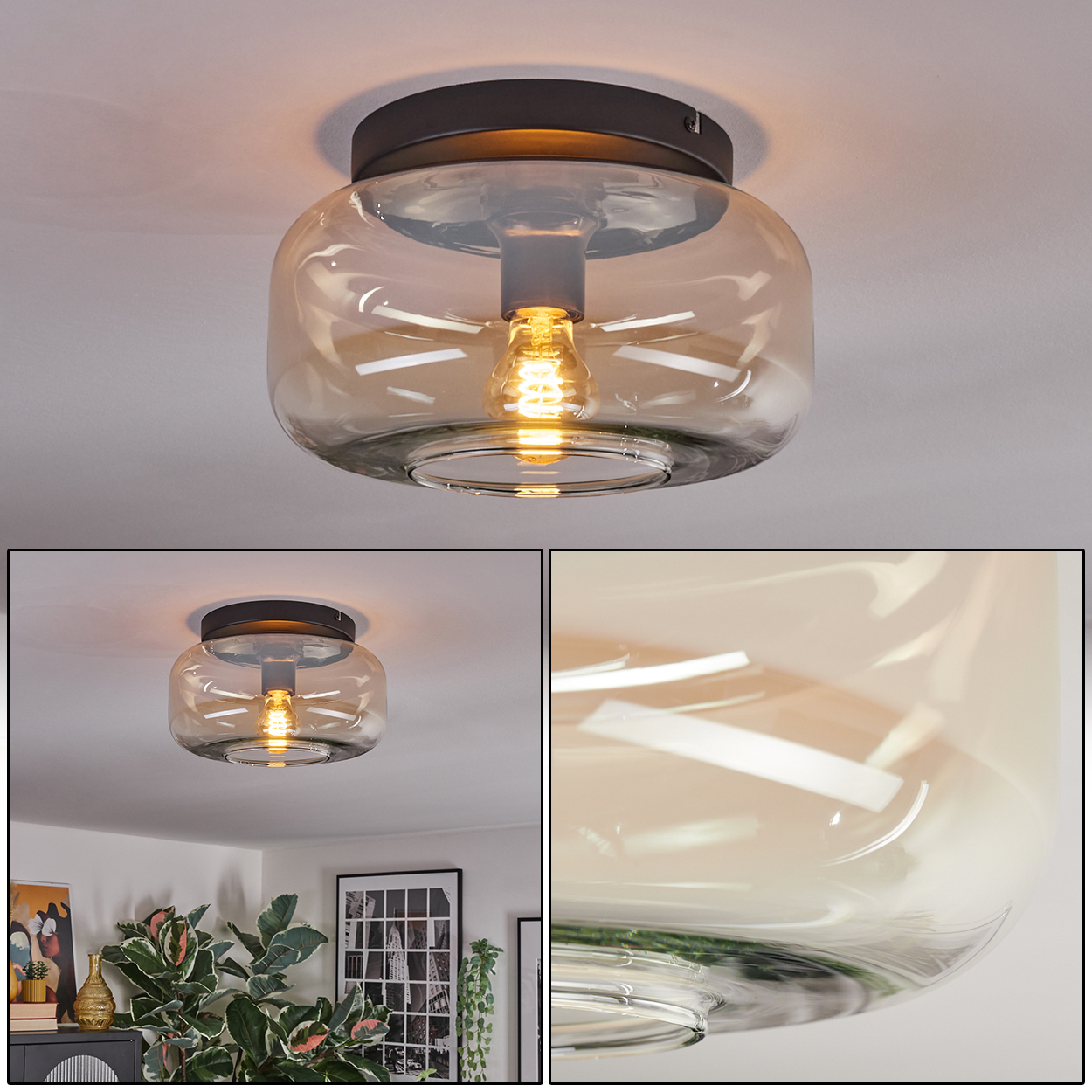 Eine moderne Deckenlampe mit Glasschirm und sichtbarer Glühbirne. Die Lampe ist an einer weißen Decke montiert.