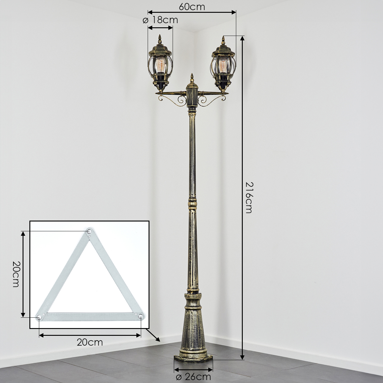 Eine dekorative Laterne mit zwei Laternen. Ein Metall-Dreieck befindet sich in der linken unteren Ecke. Maße sind auf dem Bild markiert.