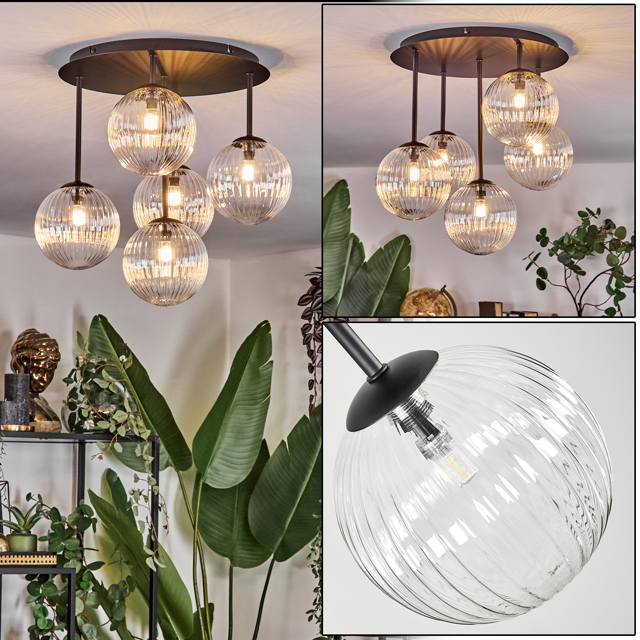 Eine moderne Deckenleuchte mit sechs kugelförmigen, gerippten Glasschirmen. Im Hintergrund üppige grüne Pflanzen und eine goldene Büste.