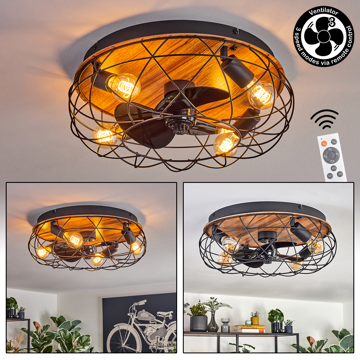 Deckenventilator mit Lichtern, Metallkäfig-Design, Holzrücken. Enthält eine Fernbedienung. Drei zusätzliche Bilder zeigen den Ventilator.
