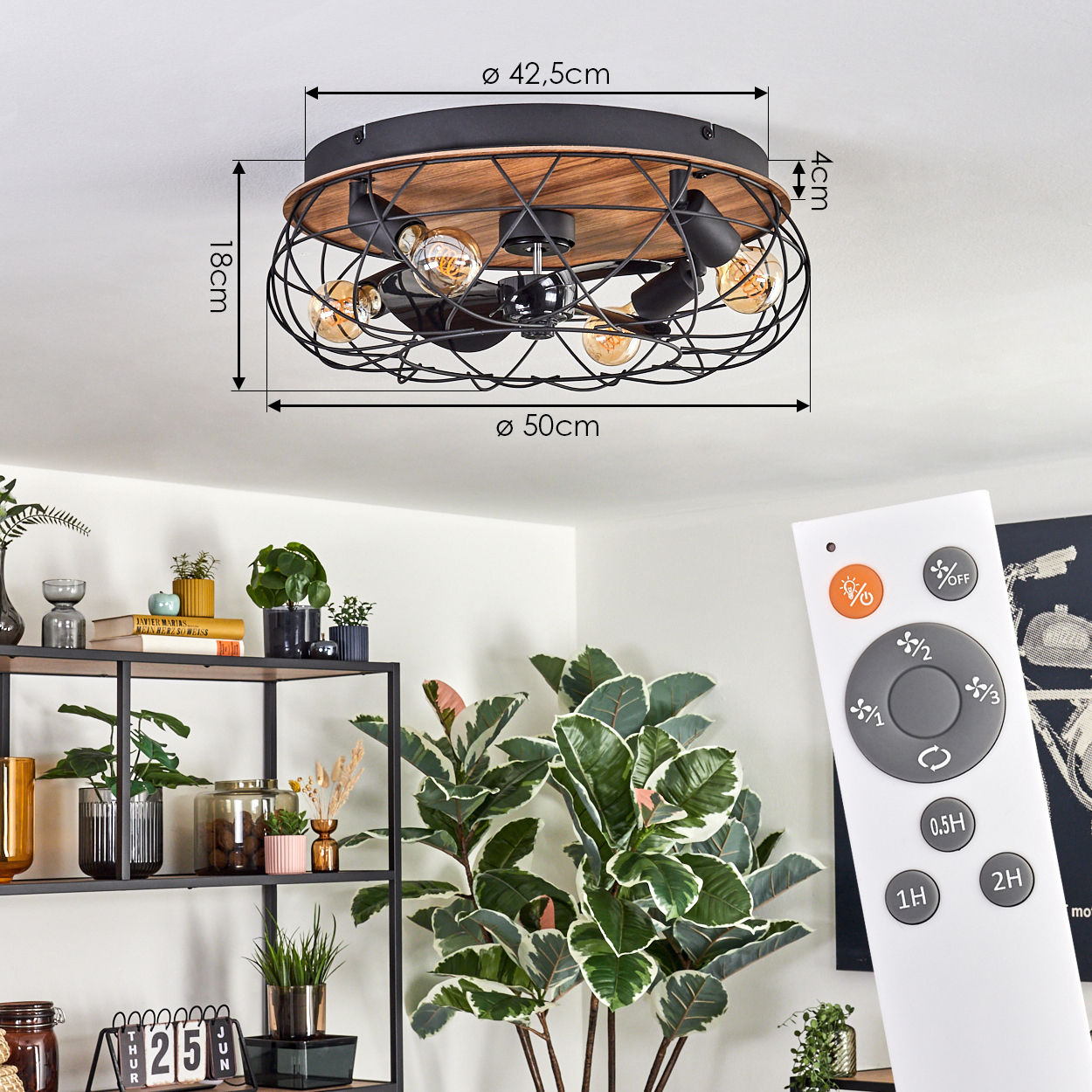 Deckenlampe mit Käfigdesign, Pflanzen und Fernbedienung. Abmessungen sind angegeben. Regal mit Pflanzen und Kalender. Eine weiße Fernbedienung ist in der Hand.